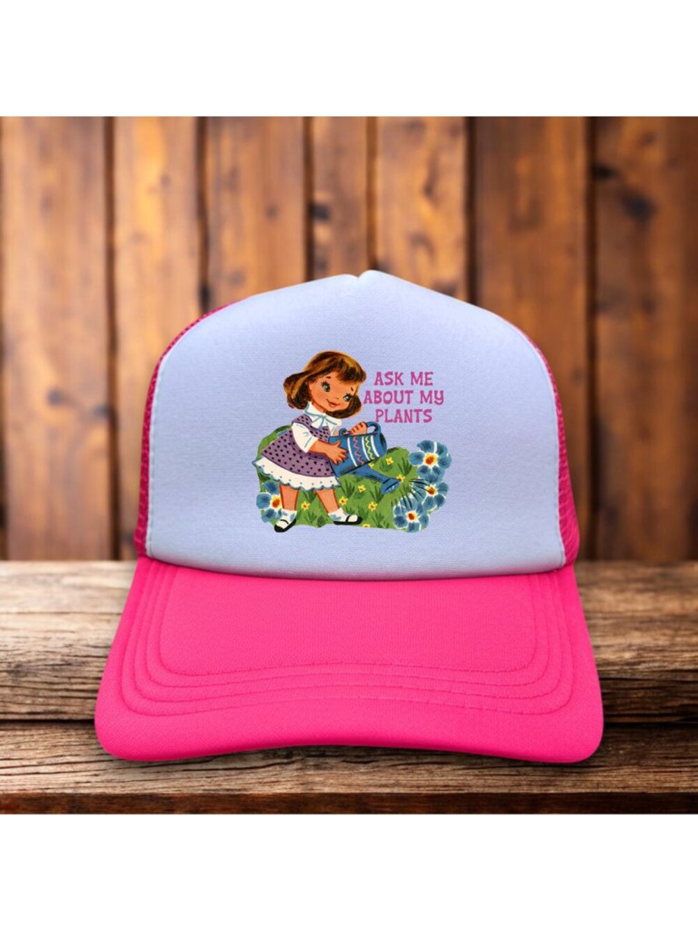 Ask Me About My Plants Unisex Trucker Hat Neon Pink Garden Flowers Cap